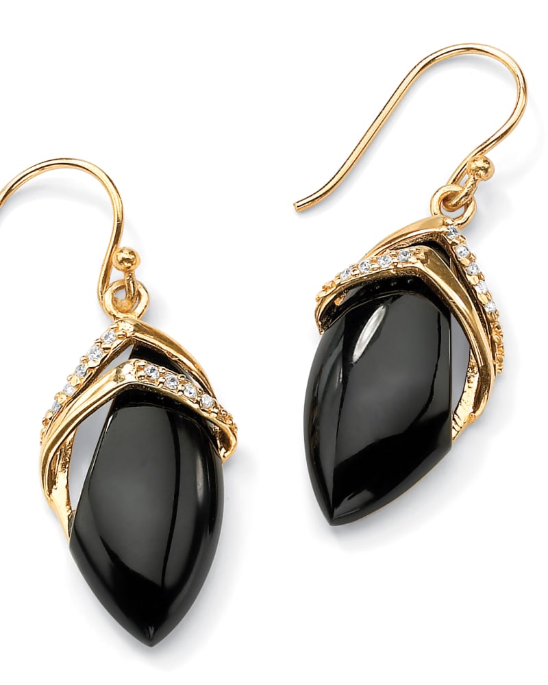 Front of a size One Size Marquise-Shaped Genuine Onyx Cubic Zirconia Accent 18k Gold-Plated Drop Earrings in Black by PalmBeach Jewelry. | dia_product_style_image_id:286302